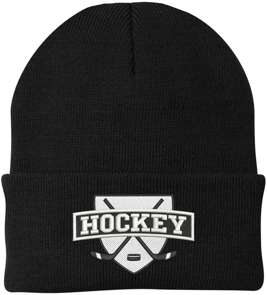 Hockey Embroidered Beanie | Winter Knit Skull Cap with Hockey Graphic | Warm Cuffed Hat for Men & Women