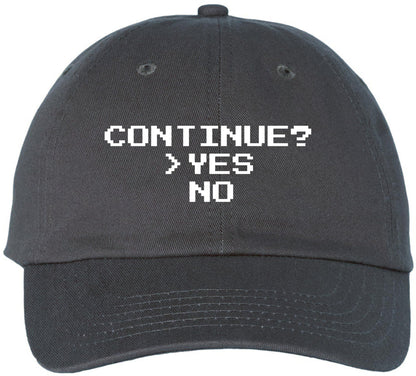 Continue? Yes No Embroidered Baseball Cap | Funny Retro Pixel Gamer Dad Hat | Adjustable Unisex Casual Cotton Hat