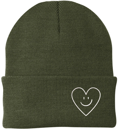 Heart Smiley Face Love Embroidered Beanie - Acrylic Knit Skull Cap