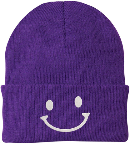 Smiley Face Outline Embroidered Beanie | Cute Knit Winter Hat | Unisex Warm Cuff Skull Cap for Men & Women