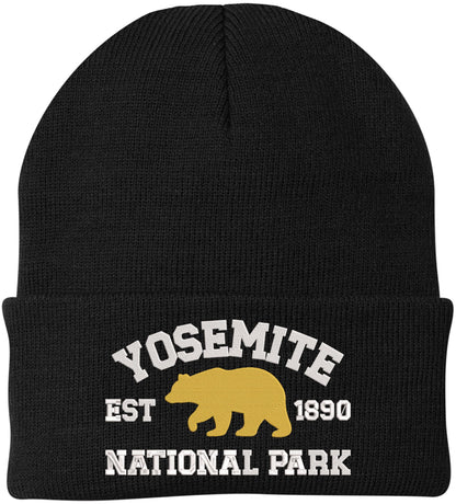 Yosemite National Park Embroidered Beanie | Bear Logo Winter Knit 100% Acrylic Hat for Hiking Camping