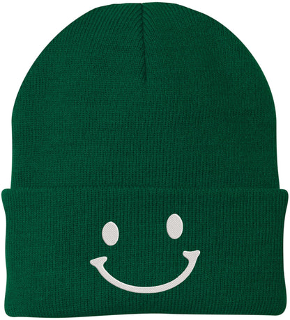 Smiley Face Outline Embroidered Beanie | Cute Knit Winter Hat | Unisex Warm Cuff Skull Cap for Men & Women