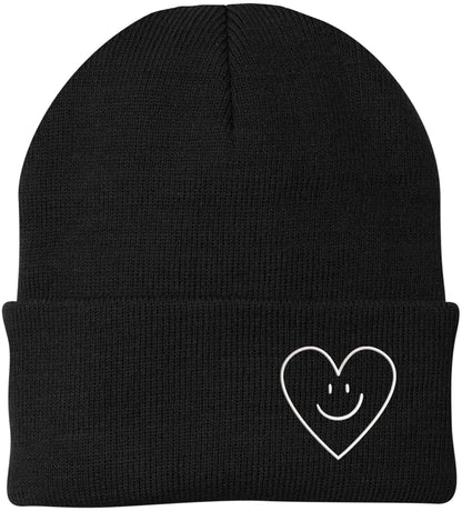 Heart Smiley Face Love Embroidered Beanie - Acrylic Knit Skull Cap