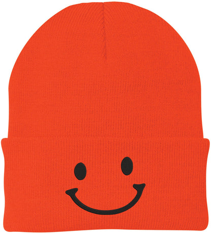 Smiley Face Outline Embroidered Beanie | Cute Knit Winter Hat | Unisex Warm Cuff Skull Cap for Men & Women