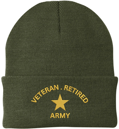 Veteran Retired Army Embroidered Beanie - 100% Acrylic Knit Cuffed Cap