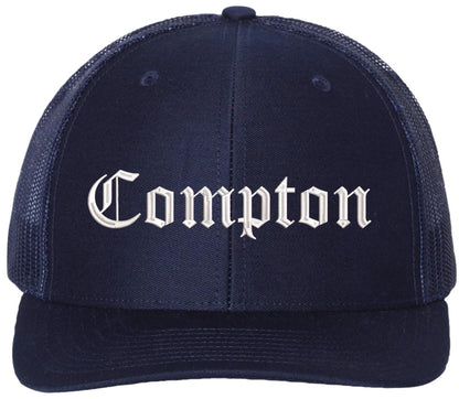 Compton Old English Embroidered Trucker Hat | Classic Deluxe Snapback Mesh Snapback Cap