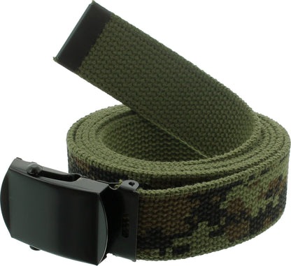 ARMYU Military Web Belt Reversible Cotton Canvas Army Camo & Solid Belts with Black Buckle 54"