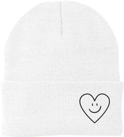 Heart Smiley Face Love Embroidered Beanie - Acrylic Knit Skull Cap