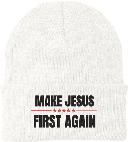 Make Jesus First Again Embroidered Beanie | MAGA Style Warm Knit Winter Skull Cap Religious Christian Hat