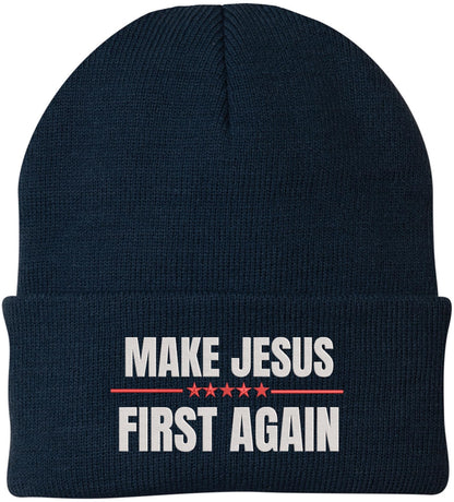Make Jesus First Again Embroidered Beanie | MAGA Style Warm Knit Winter Skull Cap Religious Christian Hat