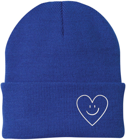 Heart Smiley Face Love Embroidered Beanie - Acrylic Knit Skull Cap