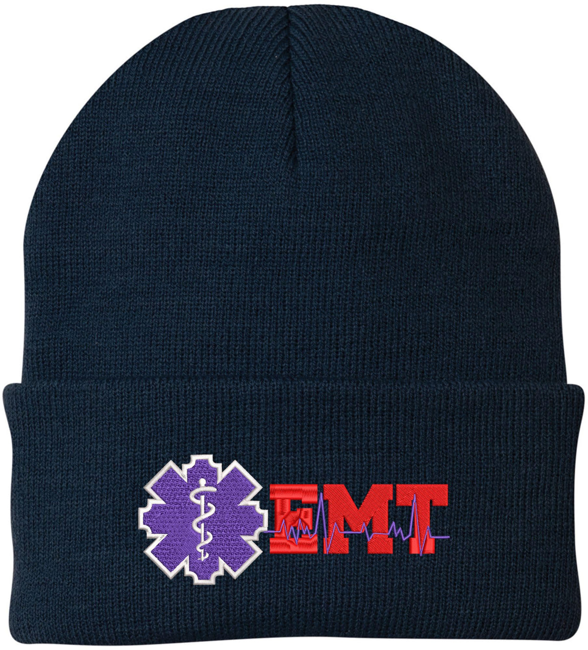 EMT Star of Life Line Embroidered Beanie Hat | Emergency Medical Technician Winter Knit Acrylic Unisex Cap