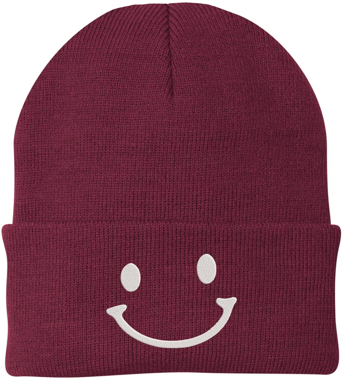 Smiley Face Outline Embroidered Beanie | Cute Knit Winter Hat | Unisex Warm Cuff Skull Cap for Men & Women