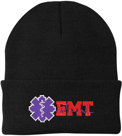 EMT Star of Life Line Embroidered Beanie Hat | Emergency Medical Technician Winter Knit Acrylic Unisex Cap