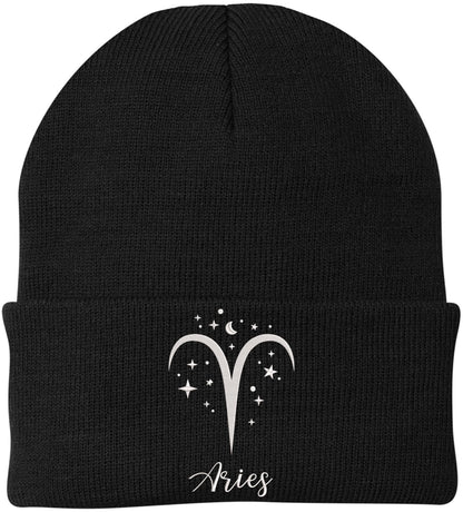 Zodiac Signs Embroidered Beanie | Acrylic Warm Skull Astrology Horoscope Monthly Symbols Designs Watch Cap, Black