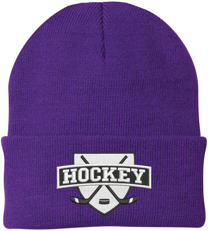 Hockey Embroidered Beanie | Winter Knit Skull Cap with Hockey Graphic | Warm Cuffed Hat for Men & Women