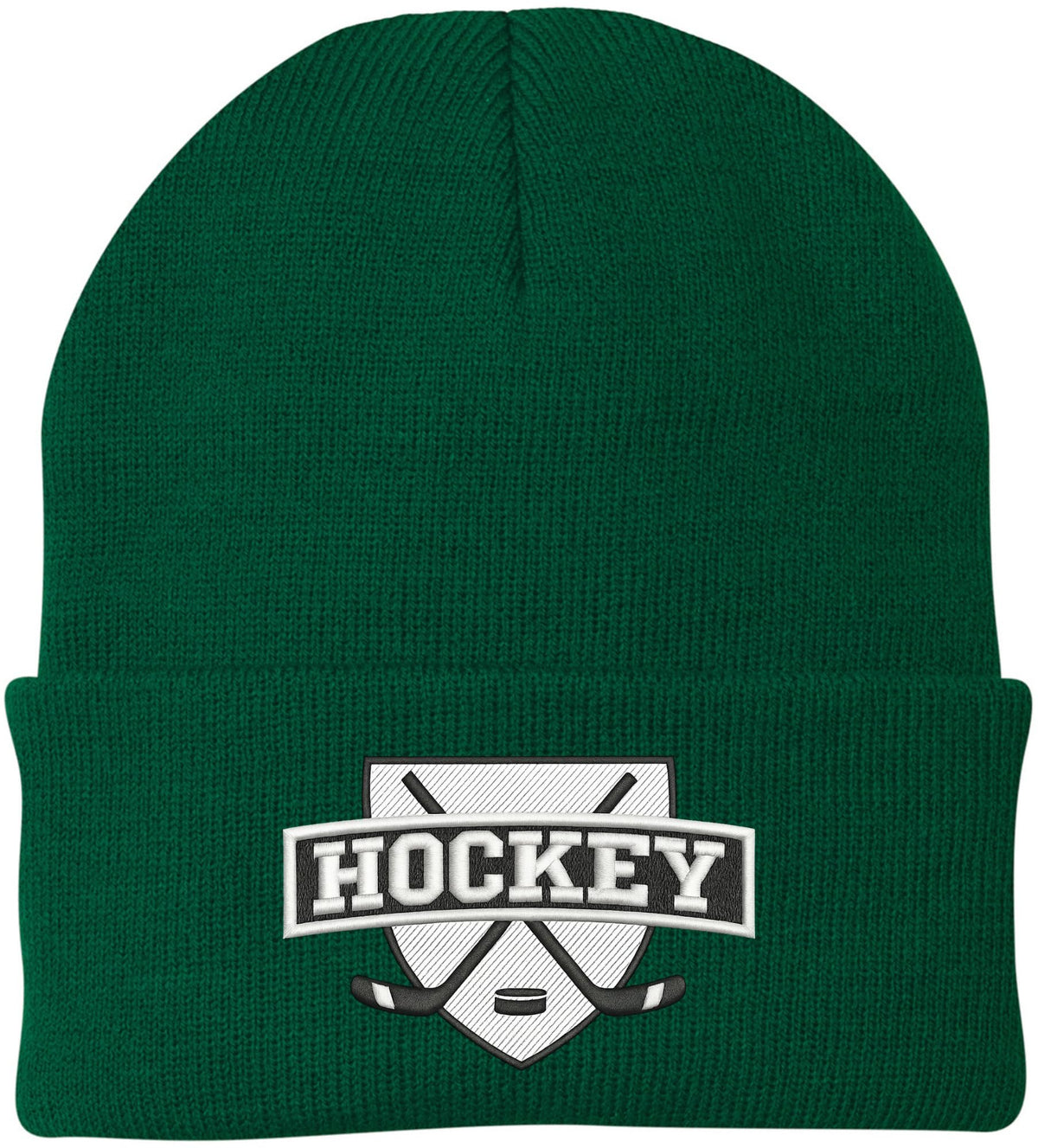 Hockey Embroidered Beanie | Winter Knit Skull Cap with Hockey Graphic | Warm Cuffed Hat for Men & Women