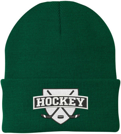 Hockey Embroidered Beanie | Winter Knit Skull Cap with Hockey Graphic | Warm Cuffed Hat for Men & Women