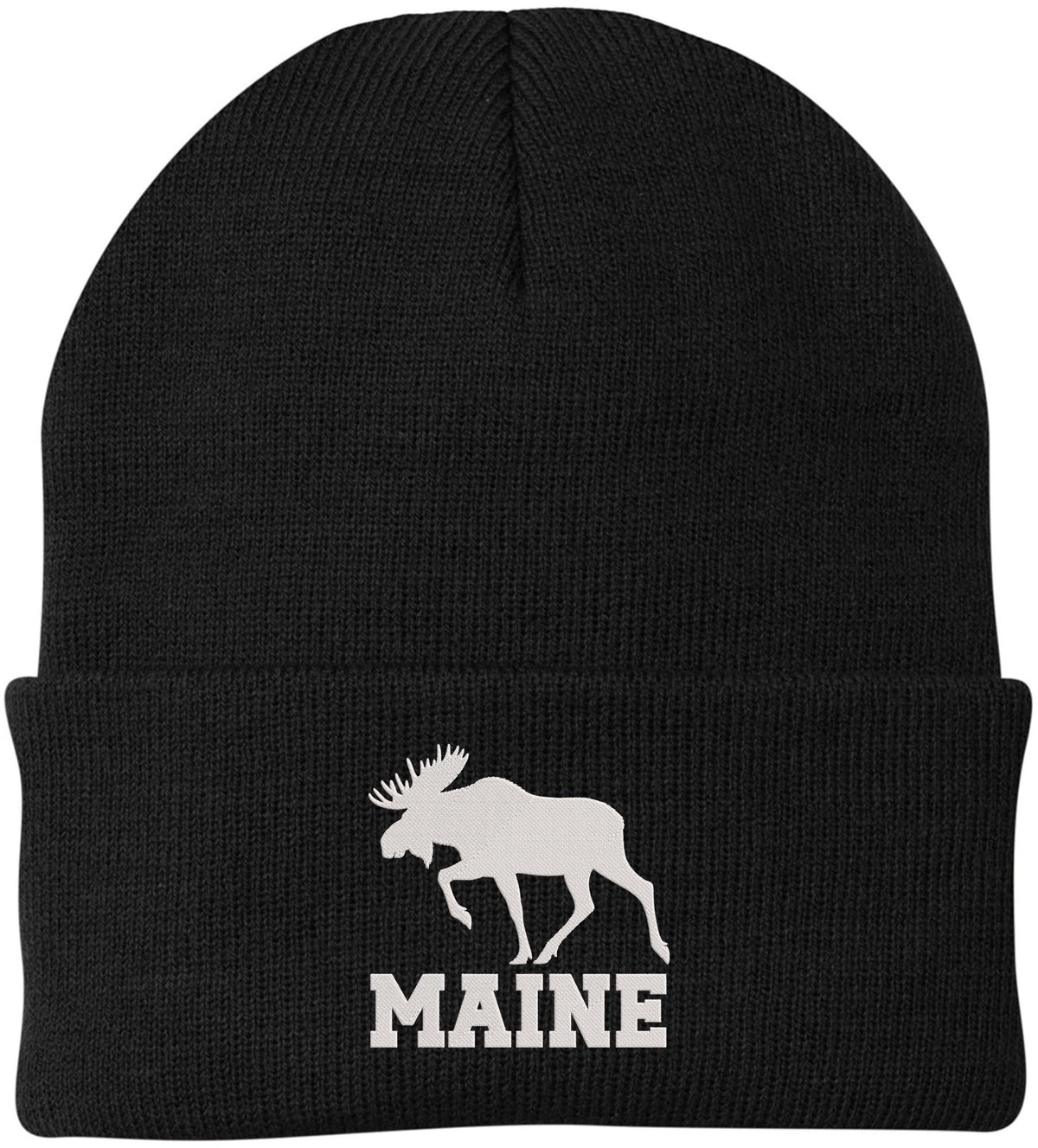 Maine Moose Embroidered Beanie Cap | USA Wildlife Graphic Warm Winter Knit 100% Acrylic Outdoor Adventure Hat