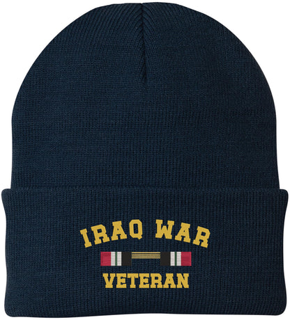 Iraq War Veteran Campaign Ribbon Embroidered Beanie Hat | USA Military Patriotic 100% Acrylic Skull Cap