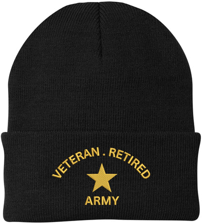 Veteran Retired Army Embroidered Beanie - 100% Acrylic Knit Cuffed Cap