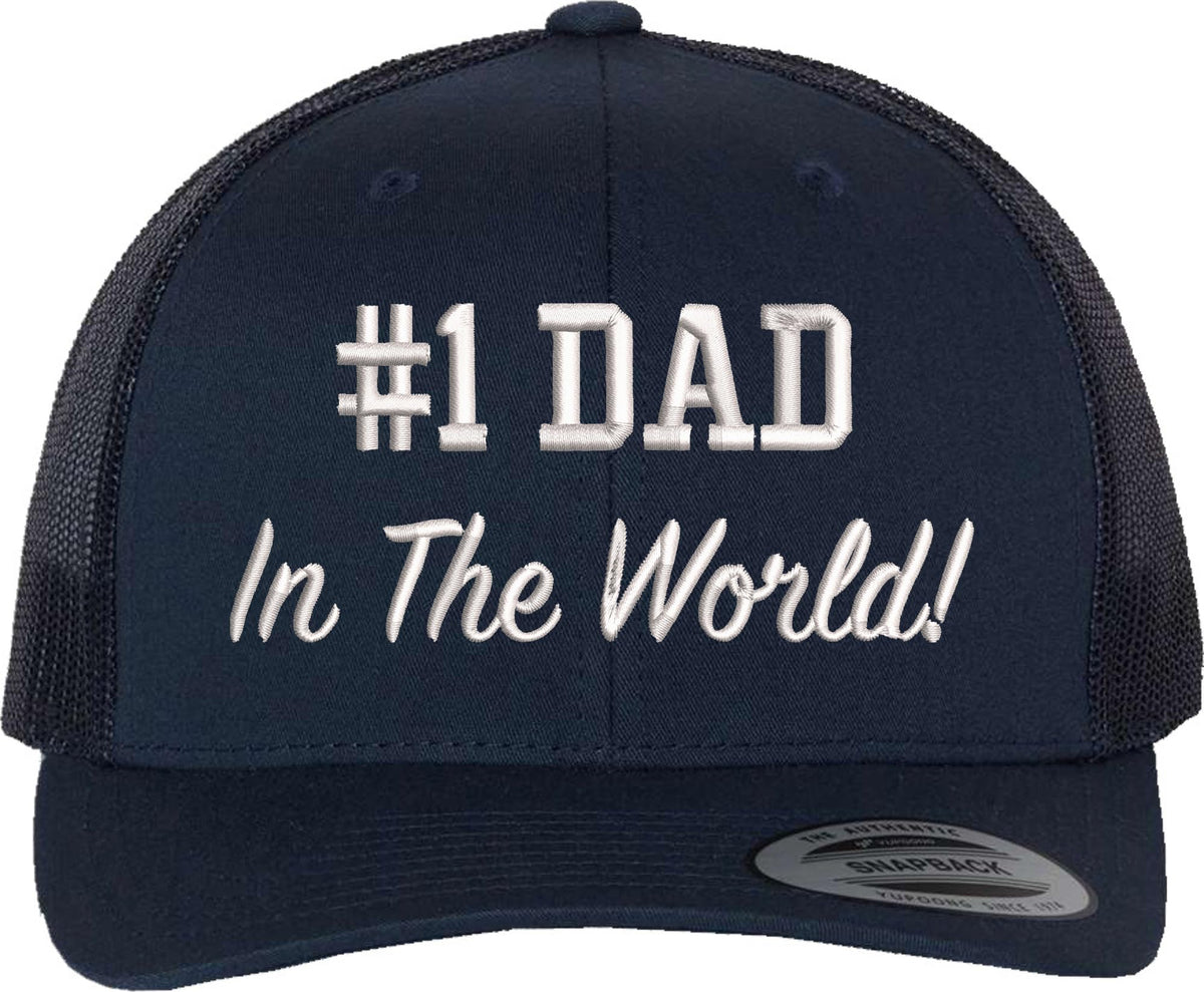 Number 1 Dad in The World Embroidered Trucker Hat | Adjustable Mesh Back Polycotton Father's Day Baseball Cap