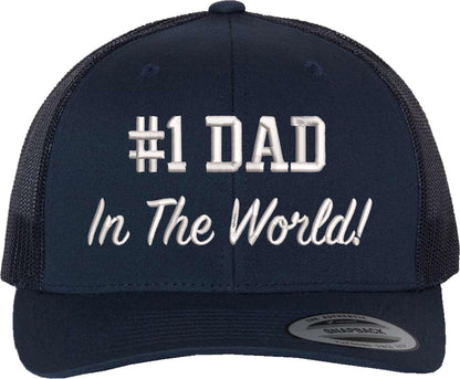 Number 1 Dad in The World Embroidered Trucker Hat | Adjustable Mesh Back Polycotton Father's Day Baseball Cap