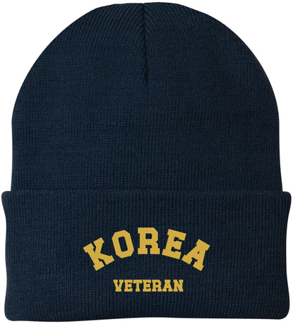 Korea Veteran Embroidered Beanie Hat | USA Military Patriotic 100% Acrylic Winter Knit Cap for Men & Women