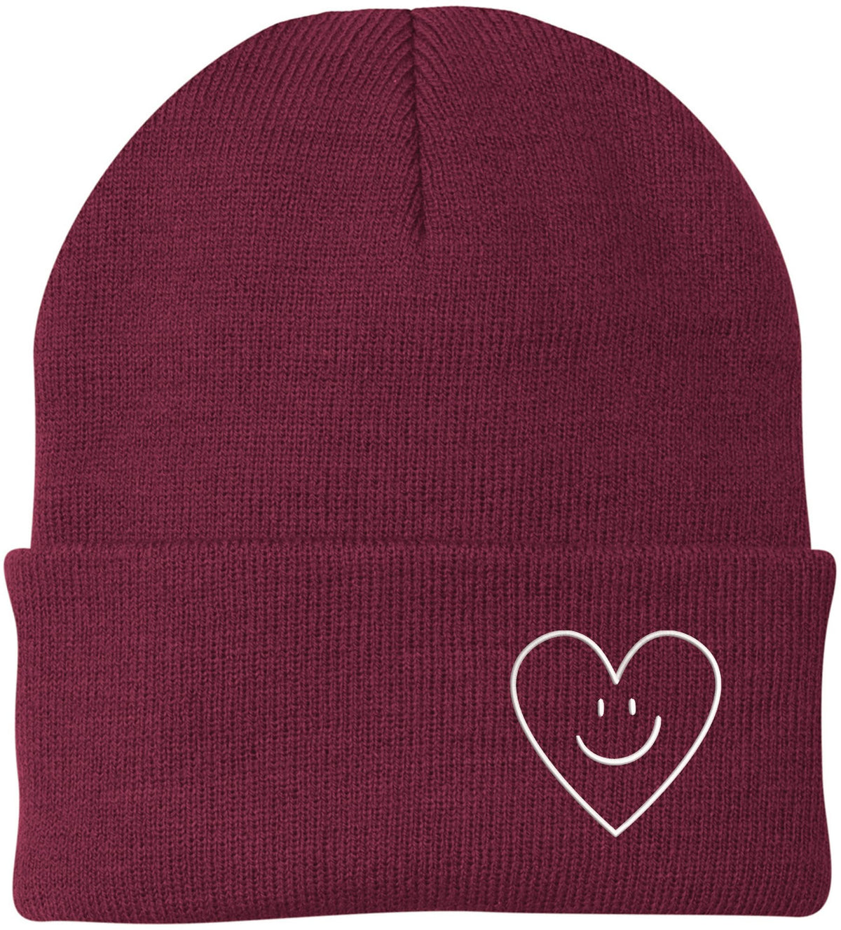 Heart Smiley Face Love Embroidered Beanie - Acrylic Knit Skull Cap