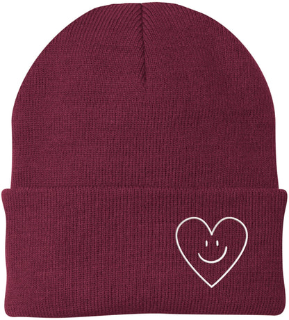 Heart Smiley Face Love Embroidered Beanie - Acrylic Knit Skull Cap