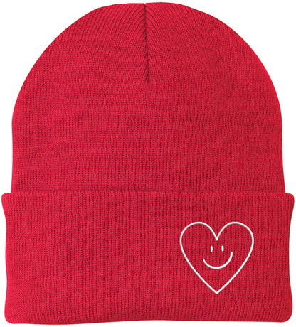 Heart Smiley Face Love Embroidered Beanie - Acrylic Knit Skull Cap
