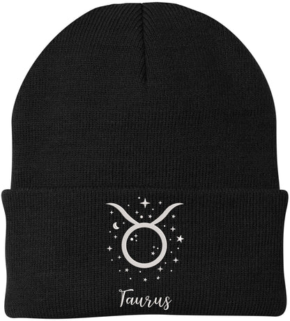 Zodiac Signs Embroidered Beanie | Acrylic Warm Skull Astrology Horoscope Monthly Symbols Designs Watch Cap, Black