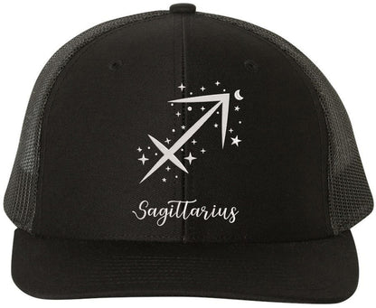 Zodiac Signs Embroidered Trucker Hat | Adjustable Snapback Astrology Horoscope Monthly Symbols Designs Mesh Cap, Black