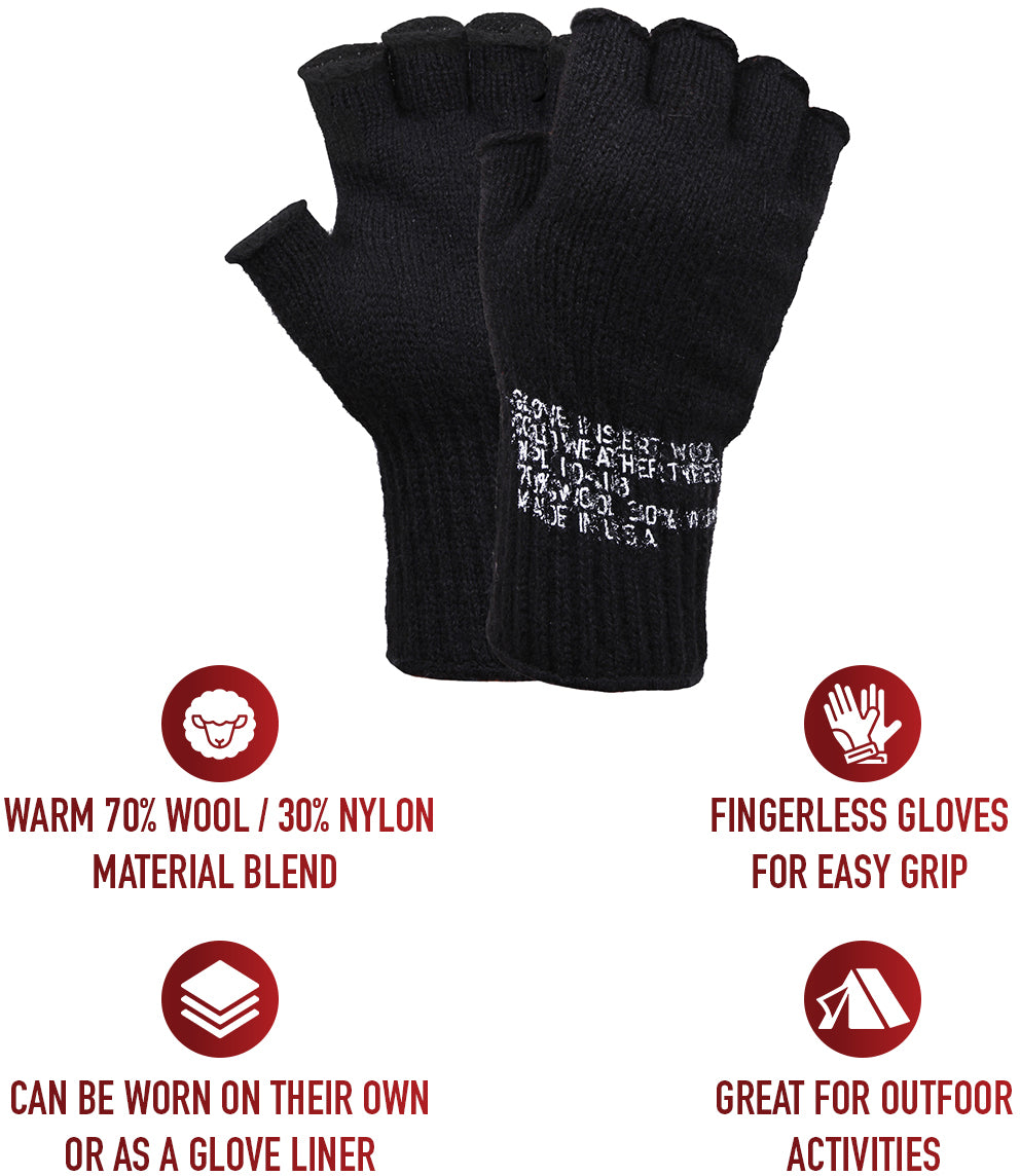 Black - Genuine GI Fingerless Gloves - Wool Nylon USA Made