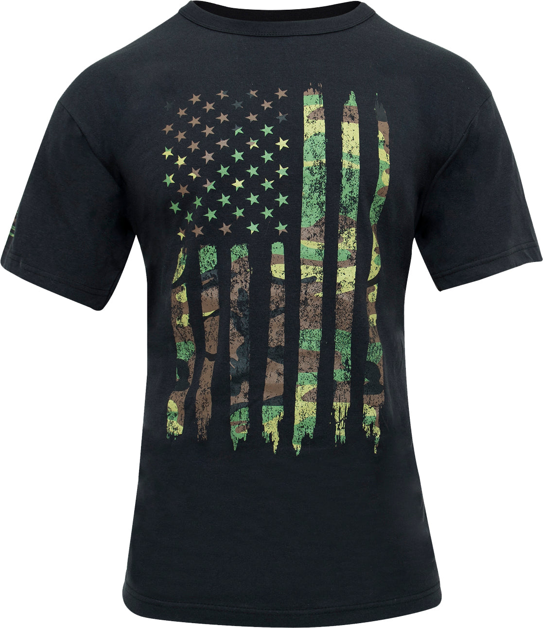 Black - Distressed Woodland Camo US Flag T-Shirt, Athletic Fit, Poly/Cotton
