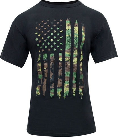 Black - Distressed Woodland Camo US Flag T-Shirt, Athletic Fit, Poly/Cotton