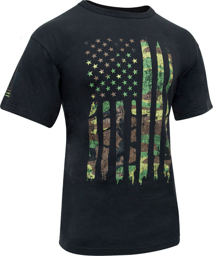 Black - Distressed Woodland Camo US Flag T-Shirt, Athletic Fit, Poly/Cotton