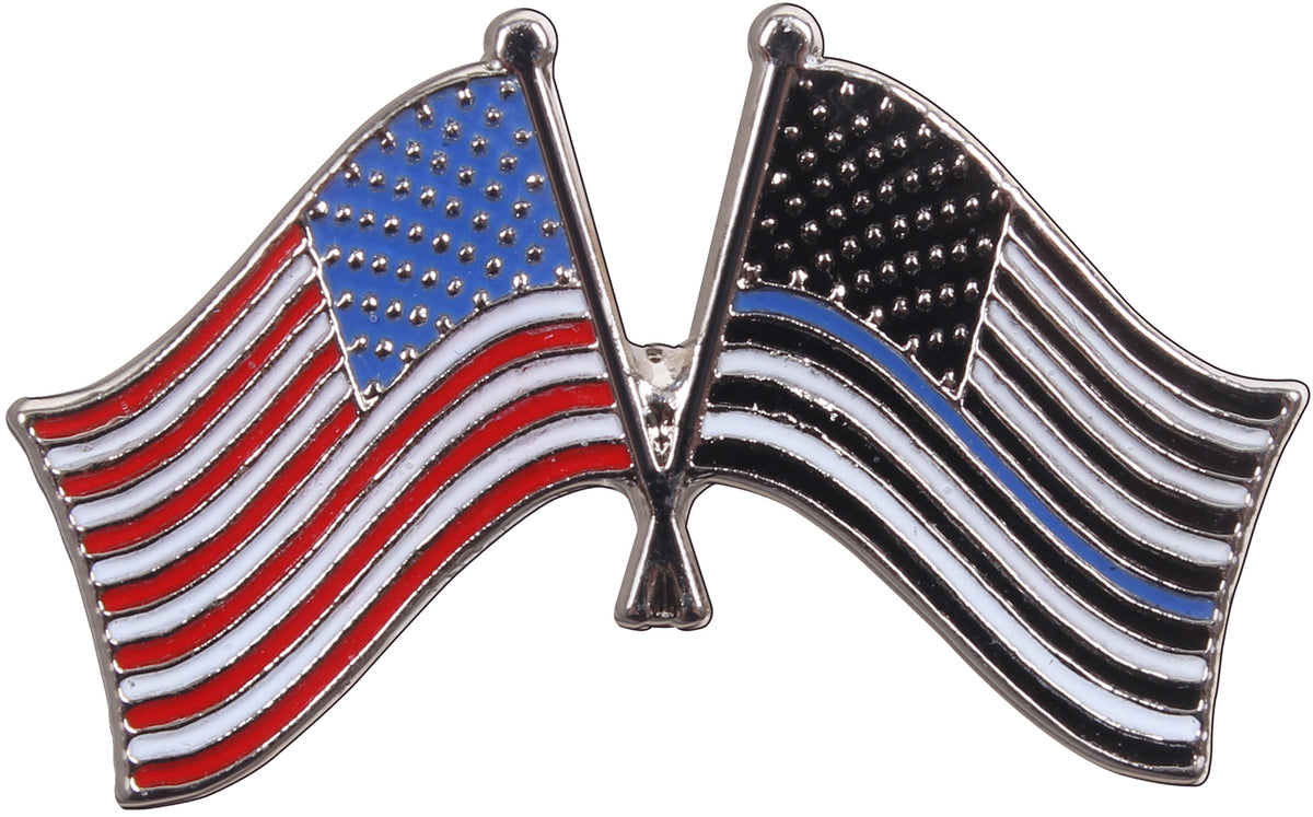 US American Flag & Thin Blue Line Crossed Flags Insignia Pin