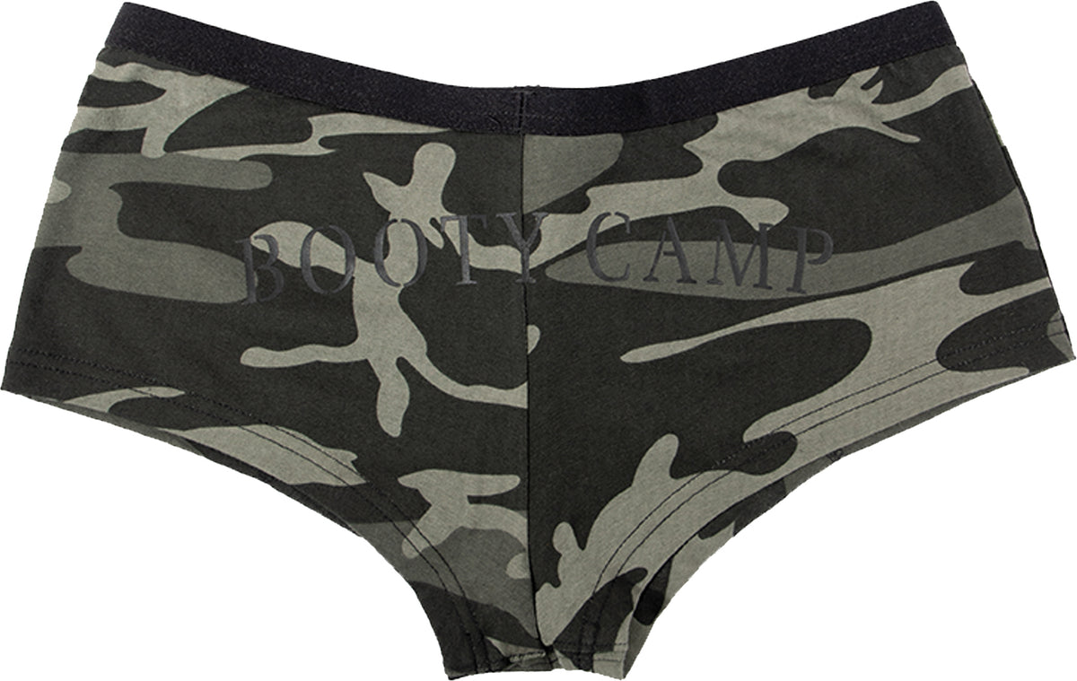 Black Camo Women’s “Booty Camp” Booty Shorts – Cotton Spandex Lounge Shorts