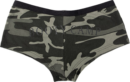 Black Camo Women’s “Booty Camp” Booty Shorts – Cotton Spandex Lounge Shorts