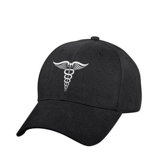 Black - White Medical Symbol (Caduceus) Embroidered Hat - Structured - Adjustable