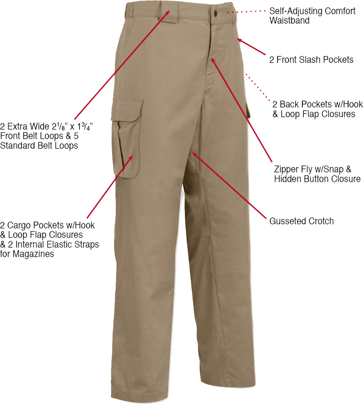 Khaki - Tactical 10-8 Lightweight Field Pants - Poly Cotton Spandex Rip-Stop - Zipper Fly