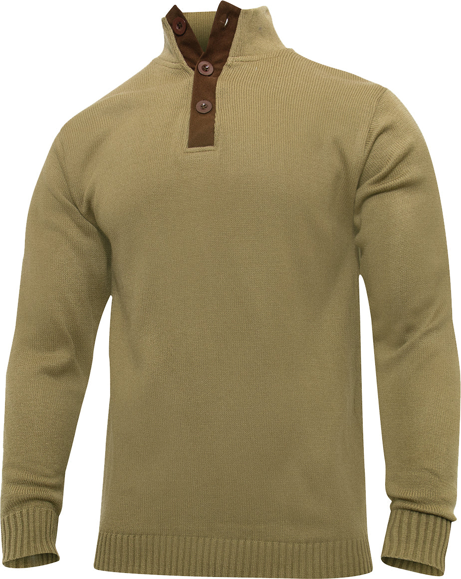 Khaki 3-Button Sweater With Suede Accents