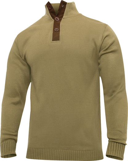 Khaki 3-Button Sweater With Suede Accents