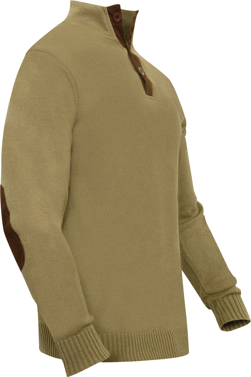 Khaki 3-Button Sweater With Suede Accents