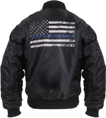 Black - Air Force MA-1 Bomber Flight Jacket with USA Flag TBL Thin Blue Line Flag Support Police