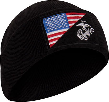 USMC Eagle Globe & Anchor US Flag Beanie Winter Hat Fine Knit Watch Cap