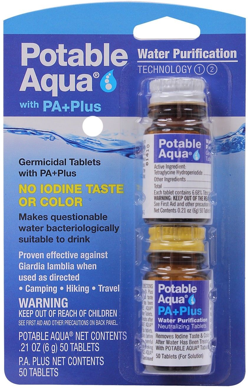 Potable Aqua Water Purification Tablets with PA Plus - Two 50ct Bottles