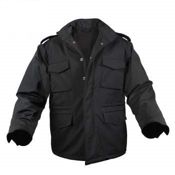 Black waterproof tactical soft shell M-65 field jacket with concealed hood and cargo pockets