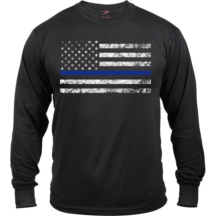 Black - Thin Blue Line Support The Police Distressed Long Sleeve T-Shirt